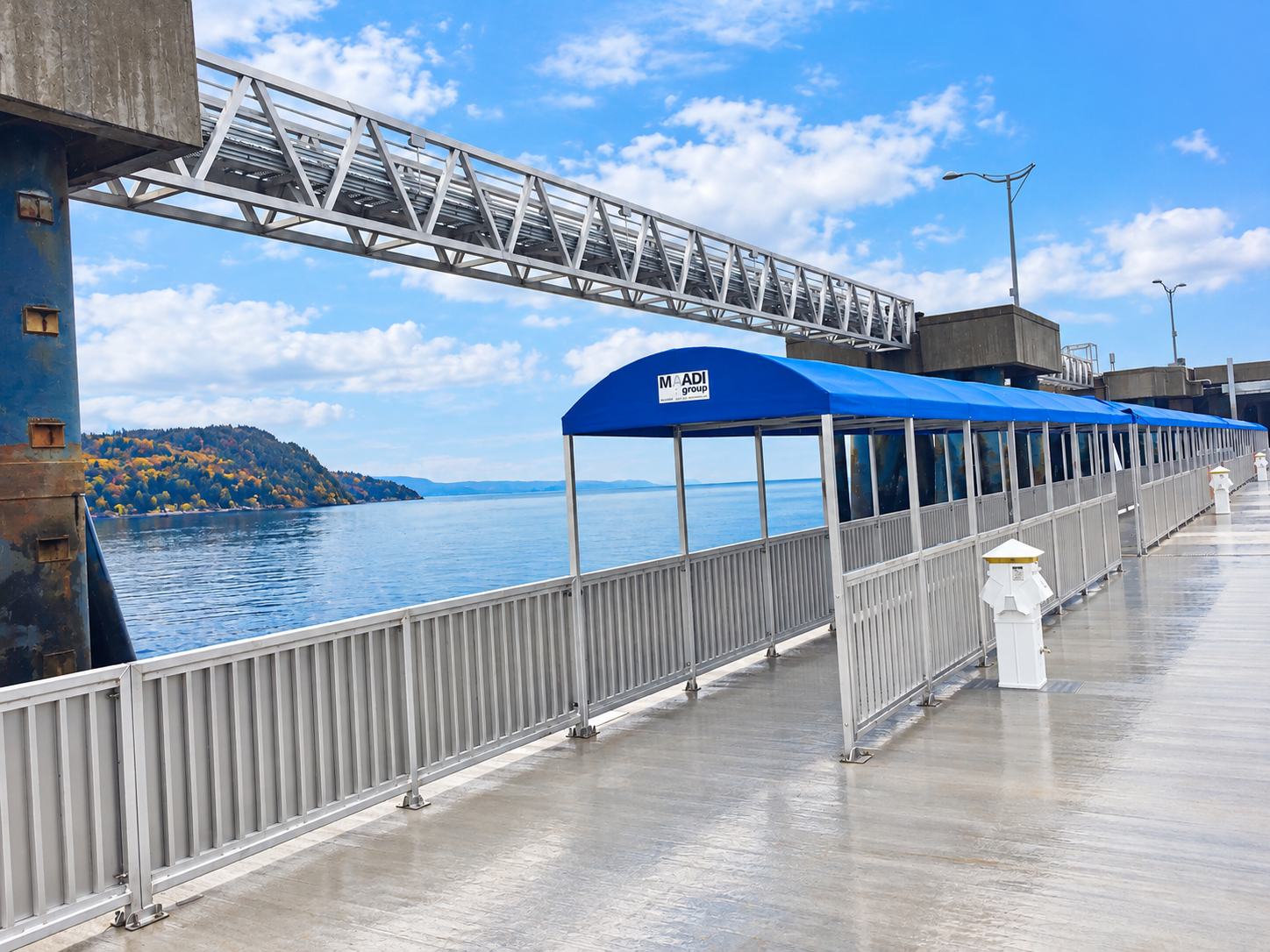 Covered aluminum passenger access system at the La Baie ferry landing, Saguenay, Quebec