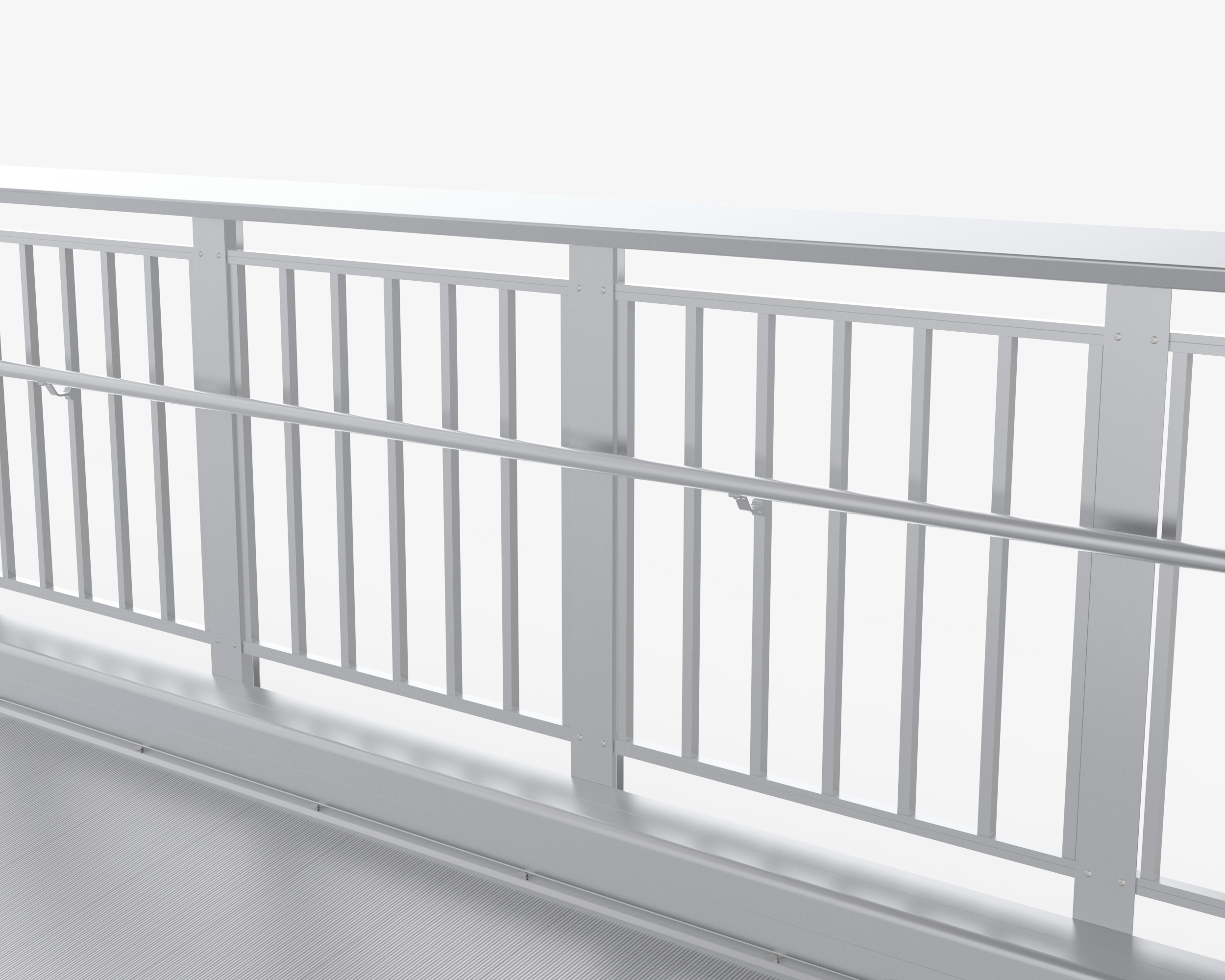 Handrails with 2 inch hand clearance on guardrail for weld-free aluminum bridge decking