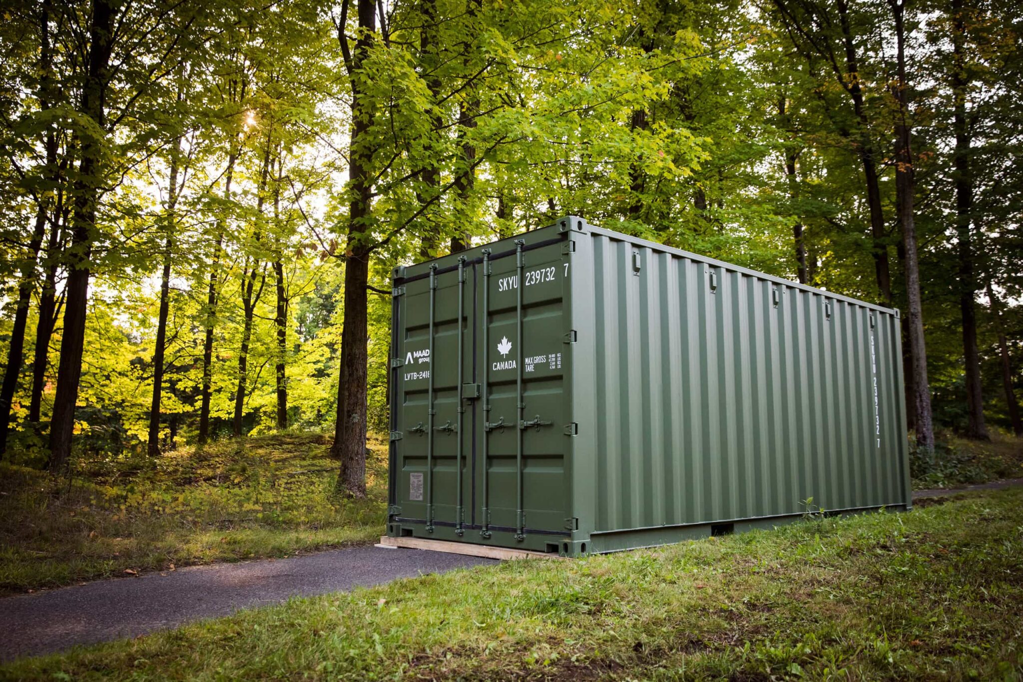 Modular military bridge components in a shipping container at CFB Petawawa
