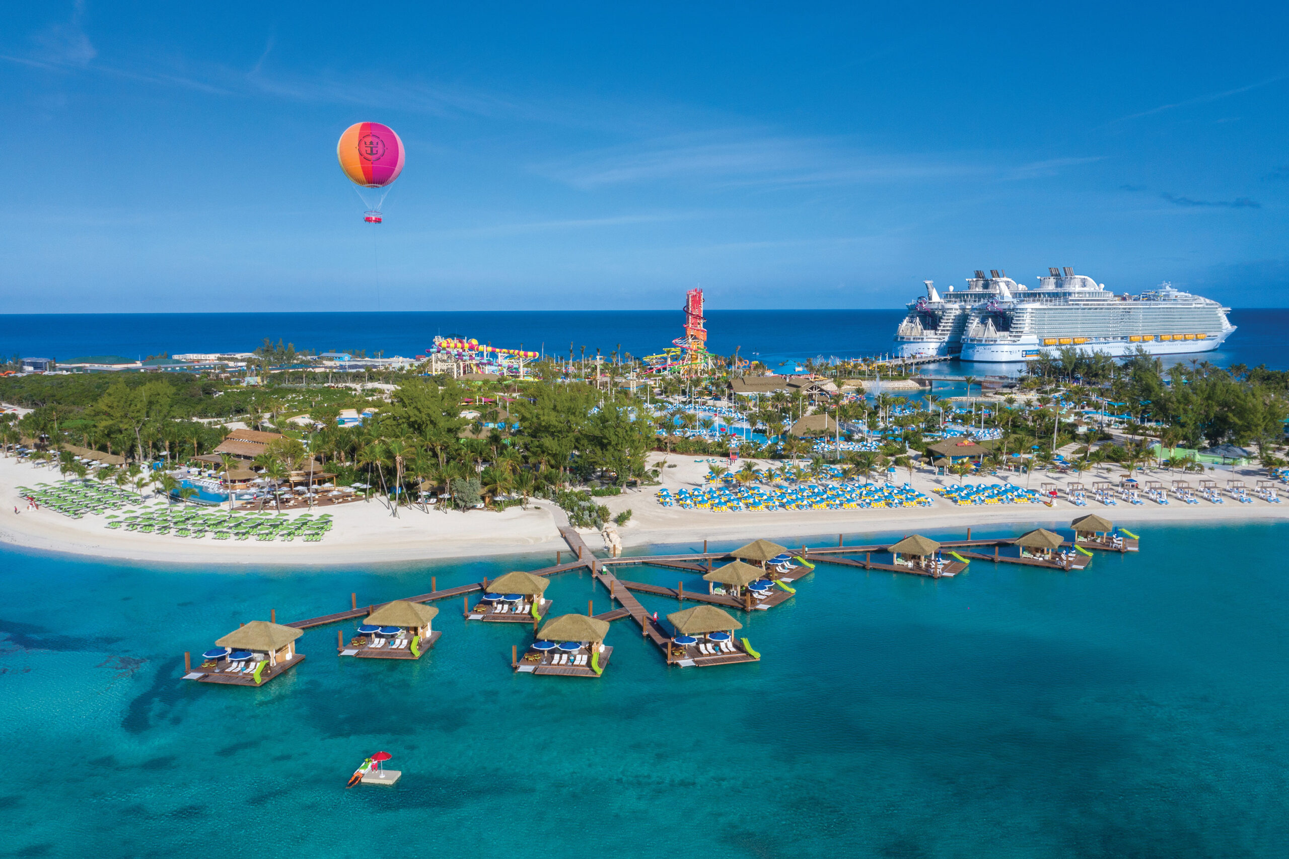 Aluminum floating docks with overwater cabanas at CocoCay resort in the Caribbean