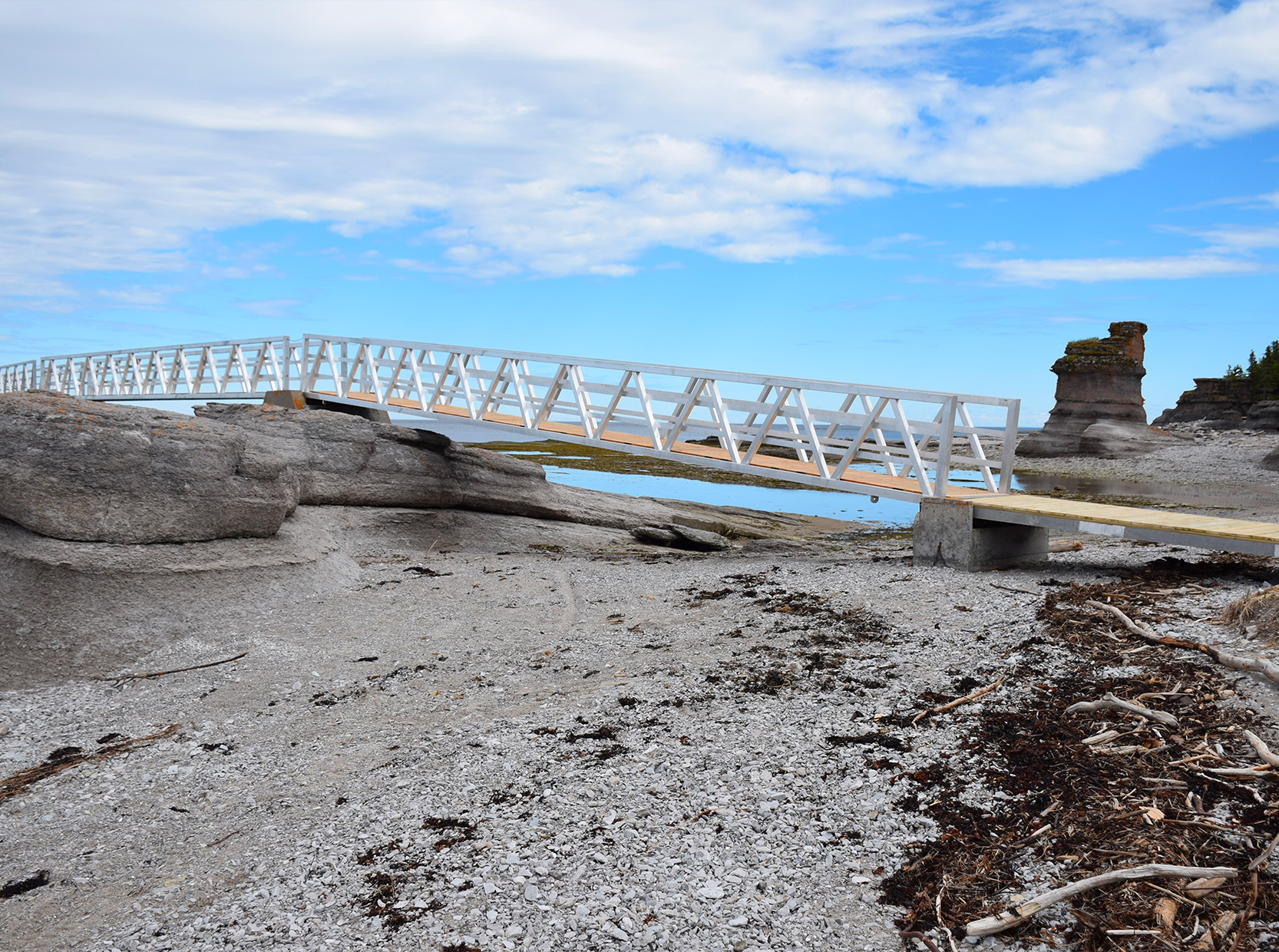 Custom gangway leading over sand and rocks in national park in Canada