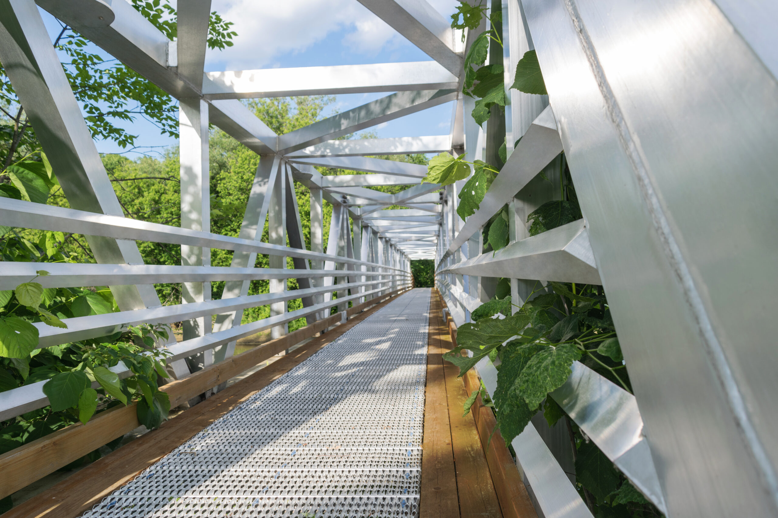 Custom pedestrian footbridge with natural wood accents and greenery