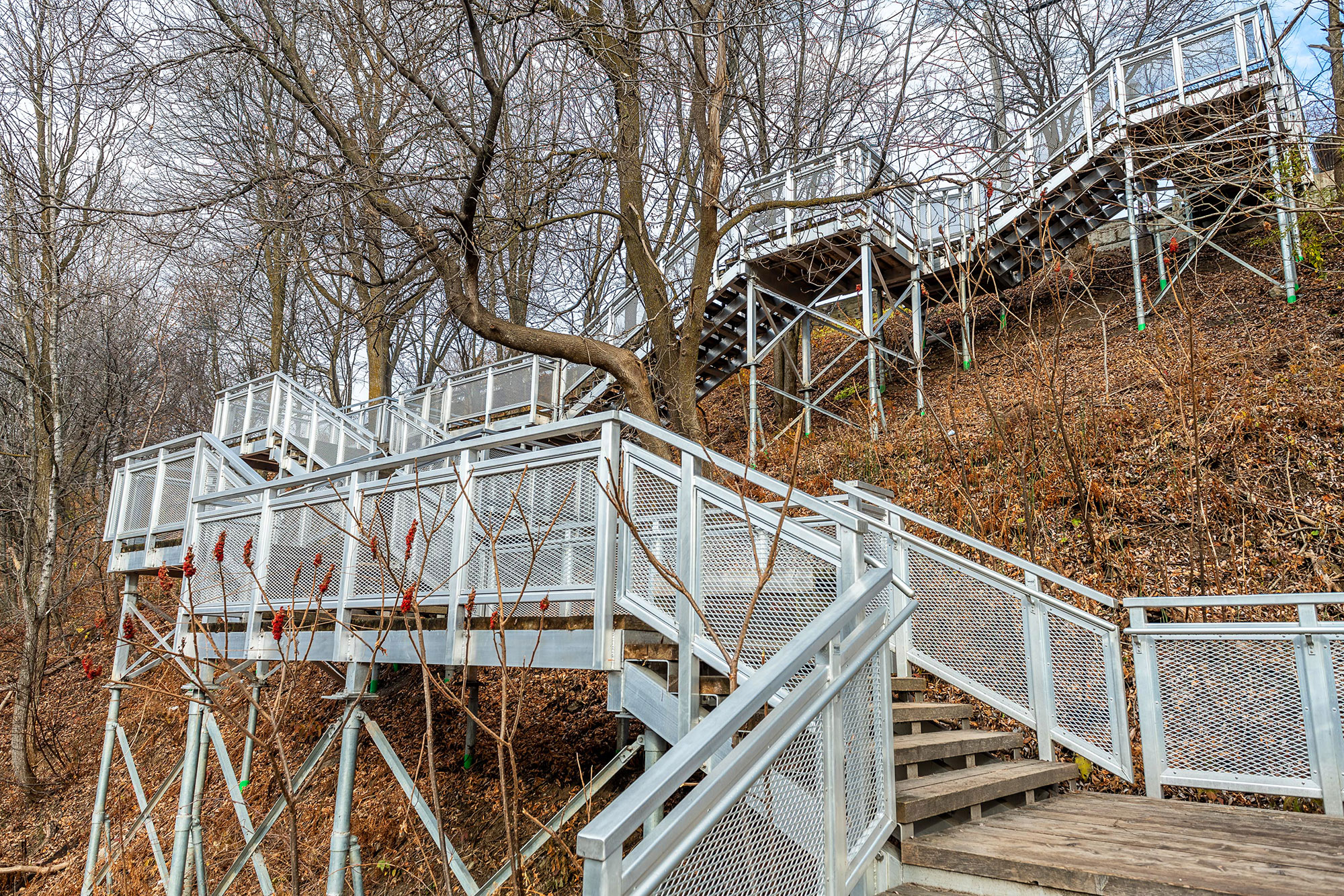 Custom aluminum staircase on steep hill in Quebec, Canada