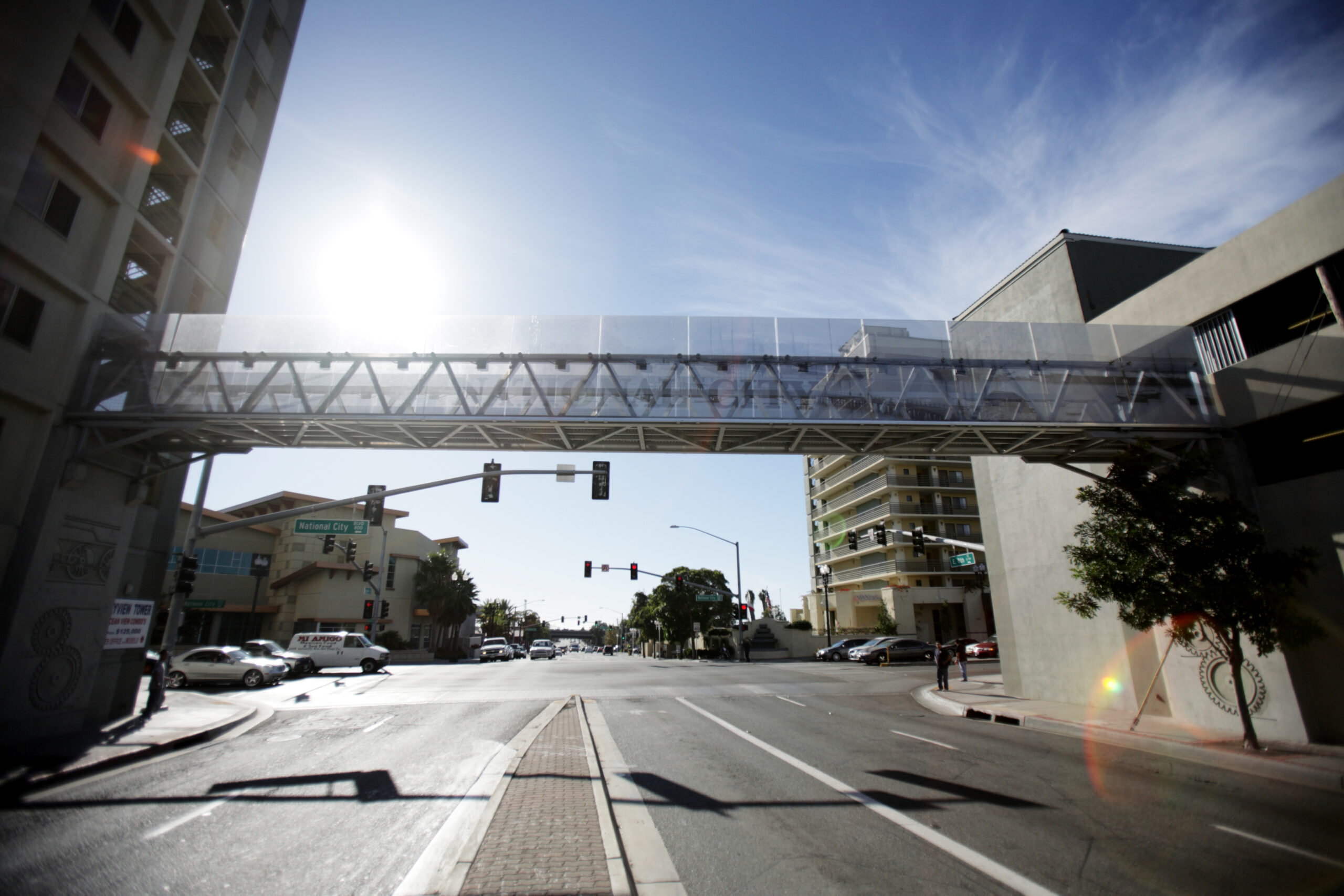 Custom aluminum pedestrian bridge over four lanes of traffic in California