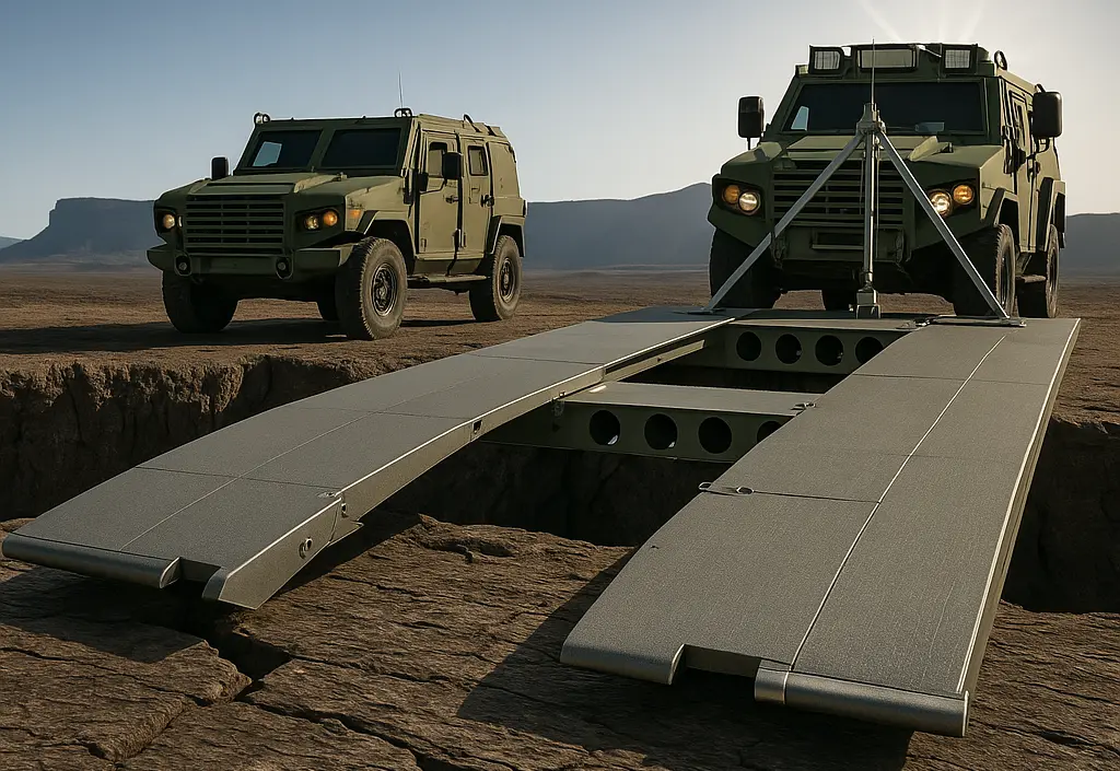 Aluminum rapid deployment bridge designed for military use, featuring lightweight modular decking selected for fast assembly and heavy load capacity.