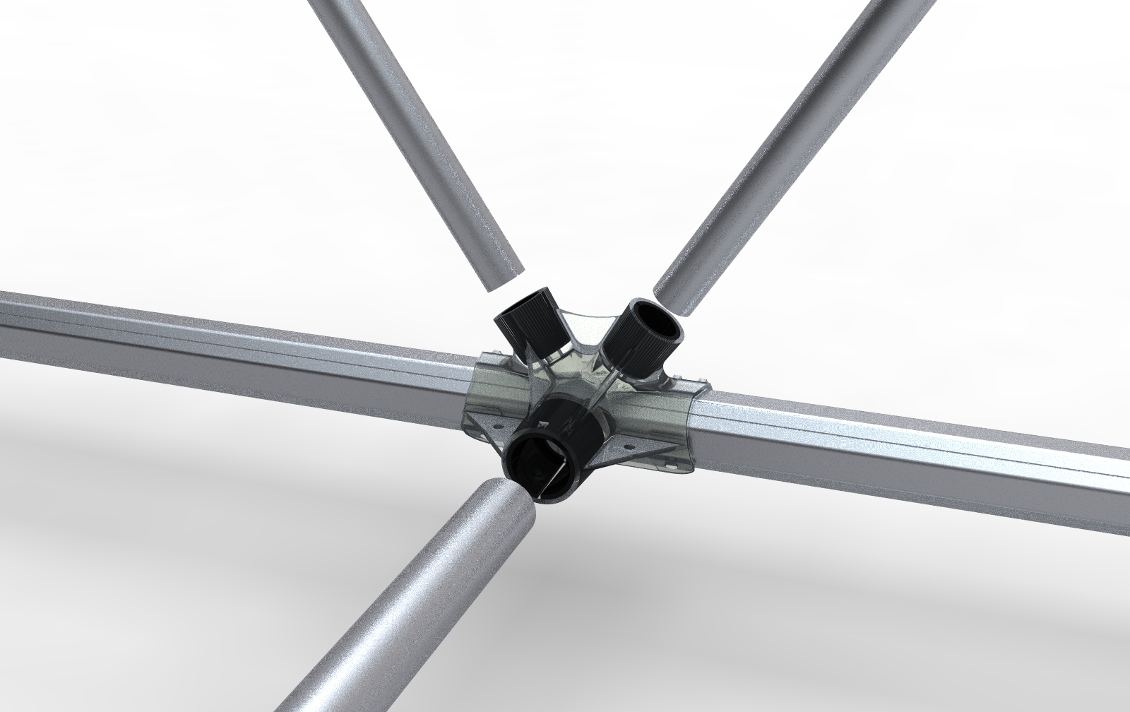 Exploded view of MakeABridge® tripod node showing interlocking aluminum struts, composite sleeves, and conical sockets for weld-free modular bridge assembly