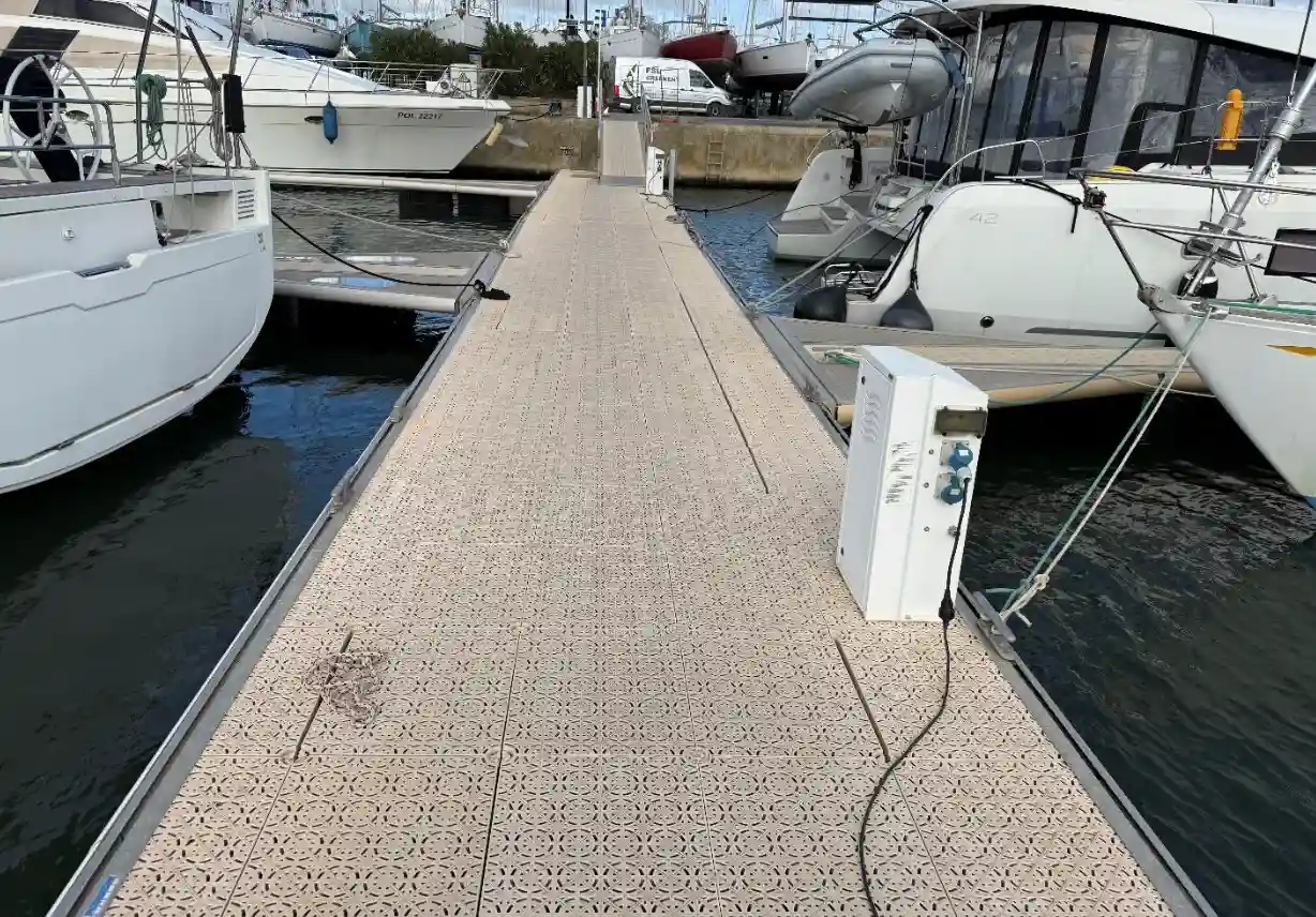 Polypropylene deck tiles on marina dock