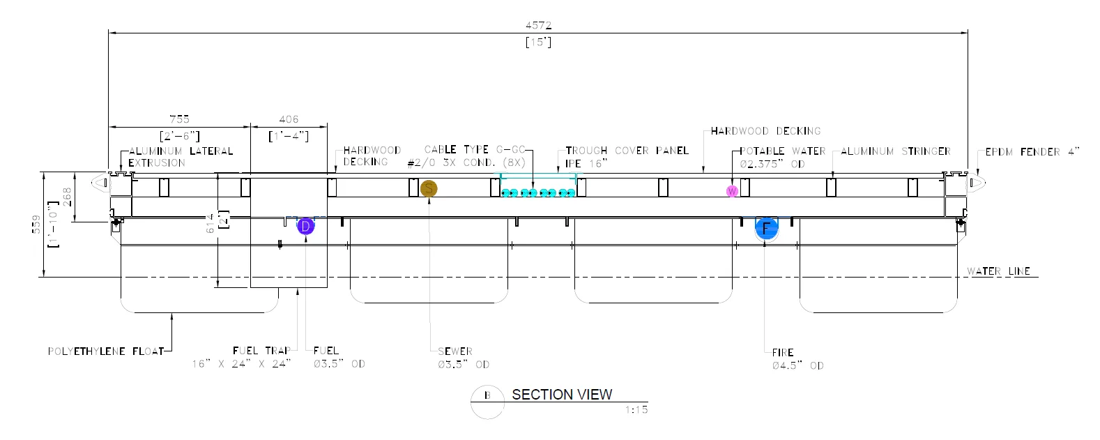 Technical cross-section drawing of a floating dock system showing aluminum framing, hardwood decking, flotation units, and utility runs.