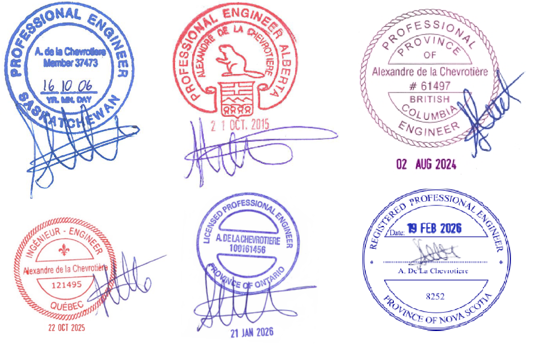 Licensed Professional Engineer seals across Canada and the United States demonstrating multi-jurisdiction engineering certification and compliance