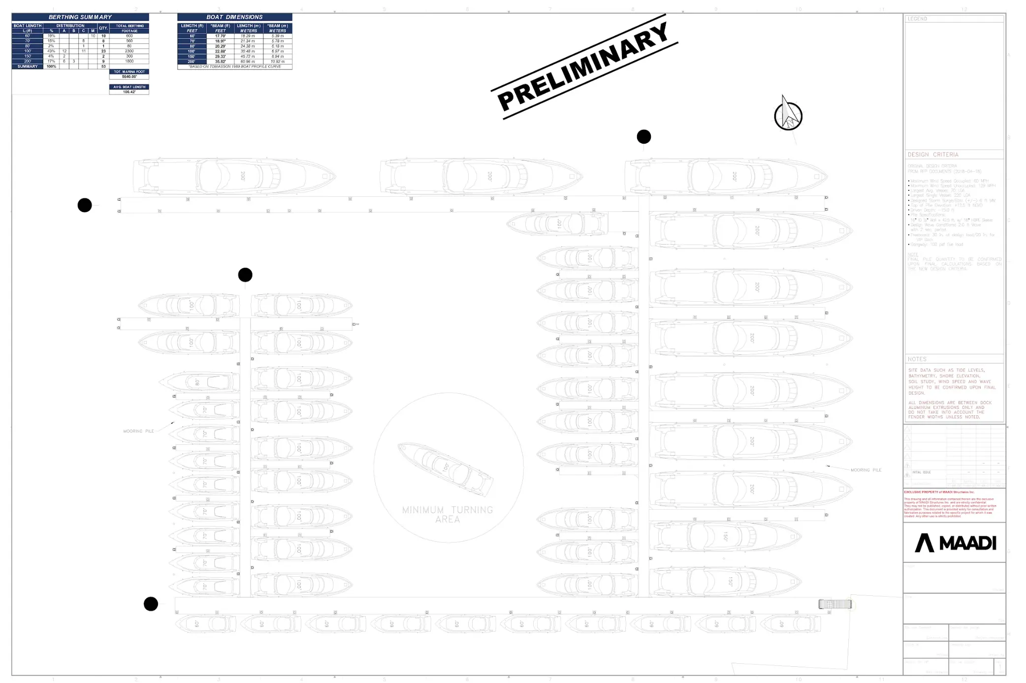 MAADI preliminary marina berth layout plan with vessel silhouettes, slip rows and turning basin.